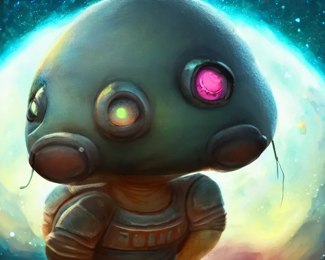 Image similar to 3D Fantasy Cute and adorable small alien piggy in space, huge adorable eyes, bright stars, Smooth 3D Illustration, soft render, Servando Lupini, Daniil Kudriavtsev, handpaint texture, Blender, 3DCoat