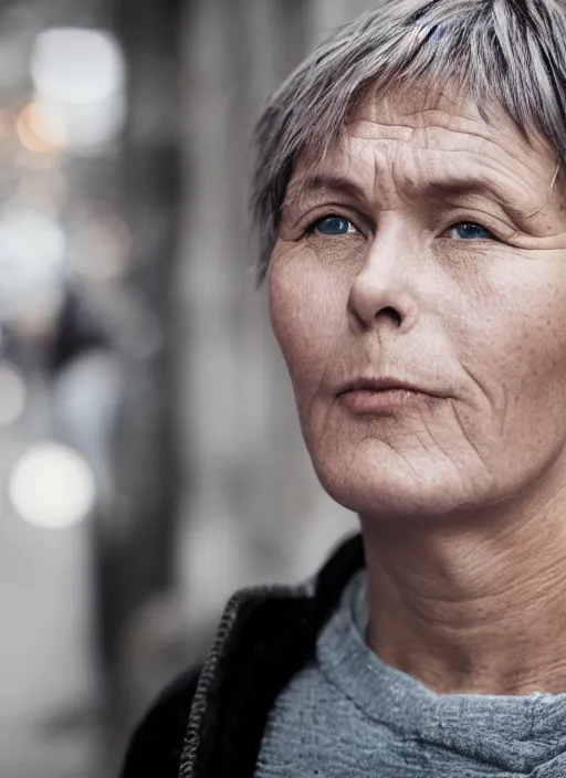 Image similar to Mid-shot portrait of a 50-year-old woman from Norway with short hair, looking tired, candid street portrait in the style of Martin Schoeller award winning, Sony a7R