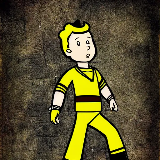 Image similar to digital art cold war poster of vault boy from fallout 3 game,