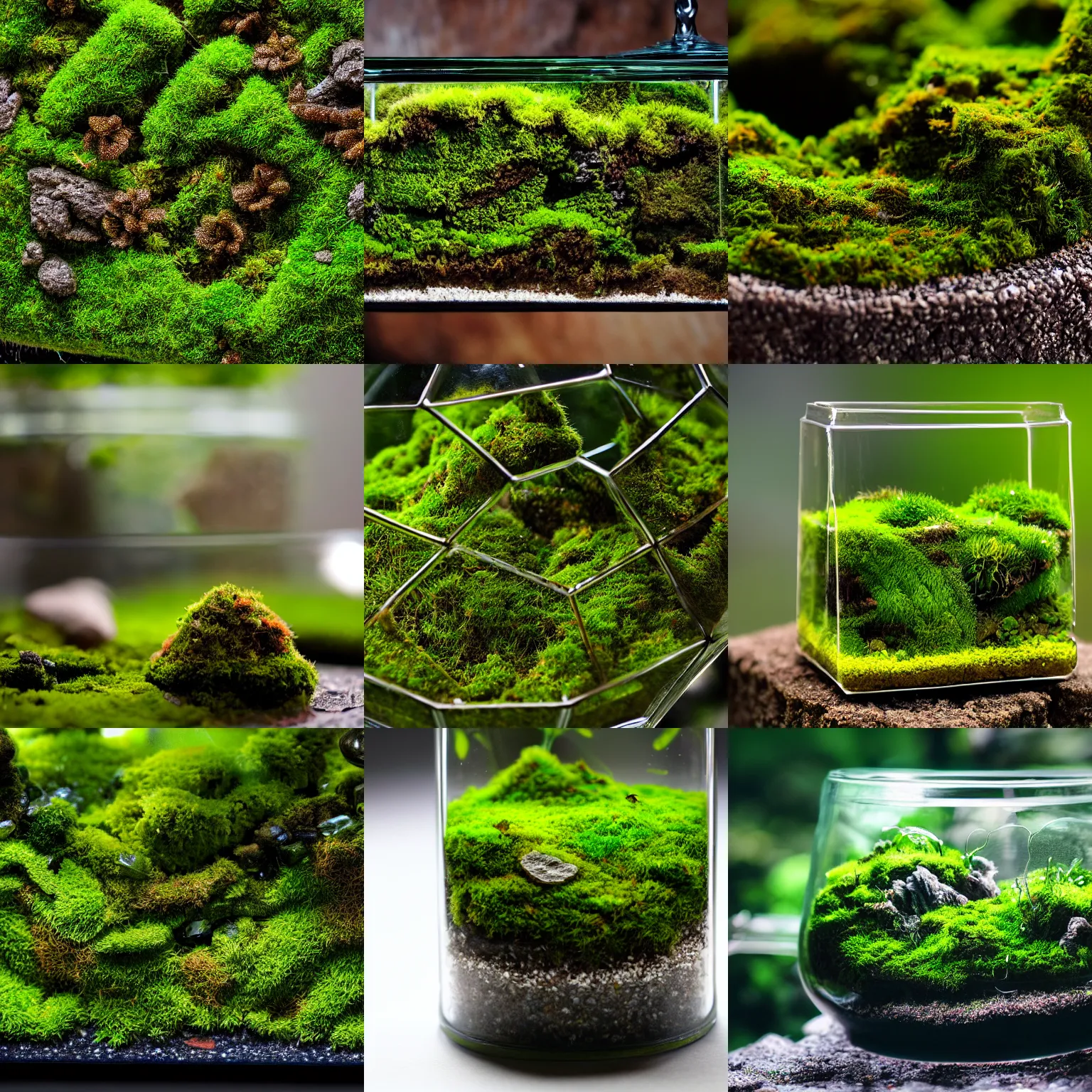 Prompt: moss terrarium, beautiful, 4 k, closeup, contrast, detailed,