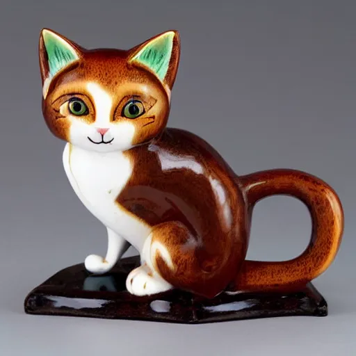 Image similar to demure anthropomorphic cat figurine wearing a kimono, brown resin, highly detailed