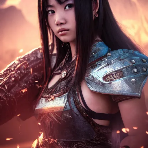Prompt: a portrait of a full body beautiful asian girl, young with long hair, in monster hunter armor, horror scene, hyper - realistic, very detailed, intricate, very sexy pose, slight smile expression, unreal engine, dramatic cinematic lighting rendered by octane, 8 k, detailed