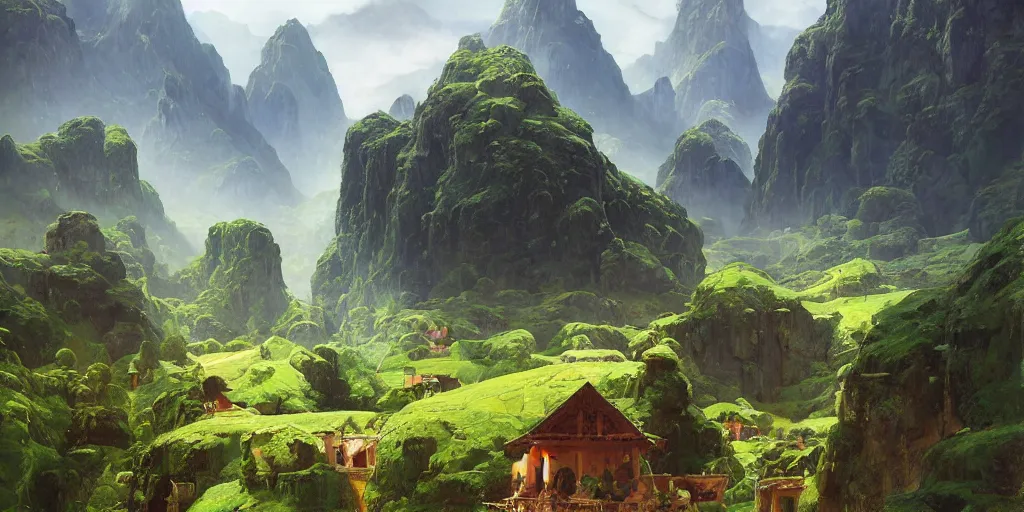 Image similar to lush green landscape villages castles buildings inverted upsidedown mountain range hanging from the sky fantasy surreal good composition artstation illustration sharp focus sunlit vista painted by ruan jia raymond swanland lawrence alma tadema zdzislaw beksinski norman rockwell tom lovell alex malveda greg staples