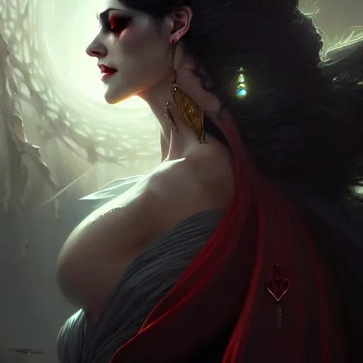 Image similar to desirable Vampire woman, fantasy, intricate, elegant, highly detailed, digital painting, artstation, concept art, matte, sharp focus, illustration, art by artgerm and Greg Rutkowski, dreadjim, zeen chin