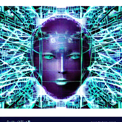 Image similar to a cibernetic artwork of a futuristic artificial intelligence superstar, centered image, with frames made of detailed fractals