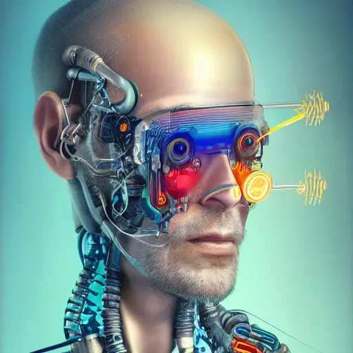 Prompt: a beautiful portrait of a middle - aged bionic male cyborg, cyberpunk, intricate wiring, electronic components, augmented vision, augmented hearing, augmented brain, volumetric light, photography, color, intricate, extremely detailed, hyperrealistic, color pencil drawing, trending on artstation