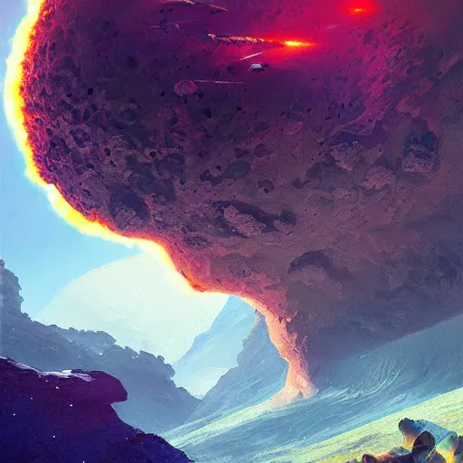 Prompt: the asteroid that killed the dinosaurs, epic painting, vibrant colors, trending on artstation, hd greg rutkowski, concept art