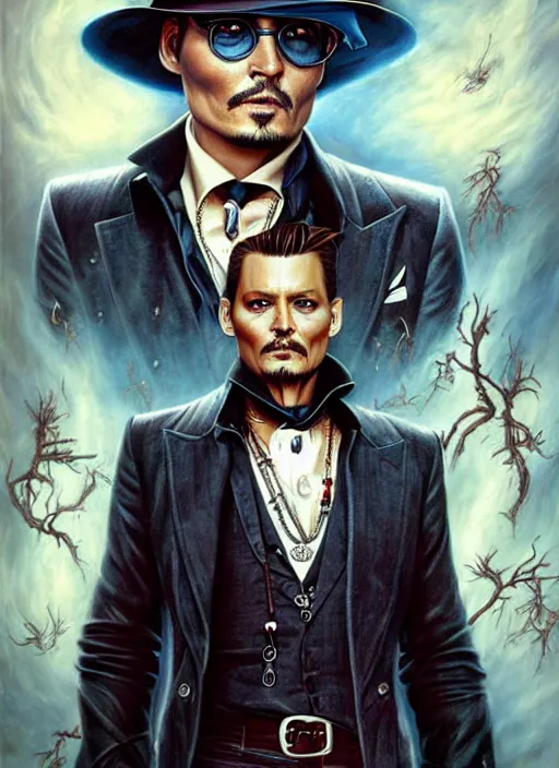 Prompt: johnny depp play james bond film by james jean, karol bak, manuel sanjulian