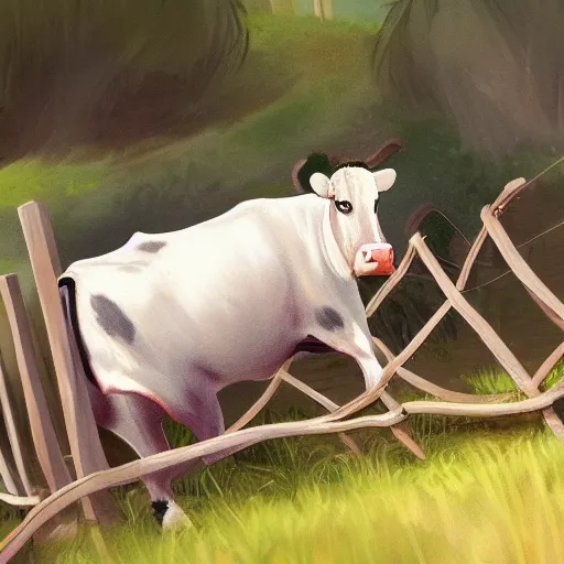 Image similar to an illustration of a cow junping a fence. Trending on artstation. 4k. Full detail