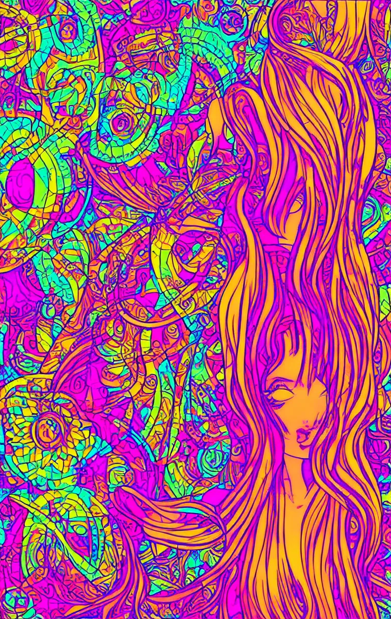 Image similar to beautiful hippie girl illustration, closeup in bikini over psychedelic sacred geometry hallucination