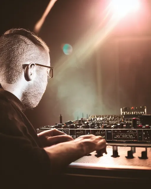 Prompt: photo portrait of modular synth rack and DJ girl closeup tired documentary movie trending on artstation Flickr depth of field cinematic lens flare backlit smoke detailed