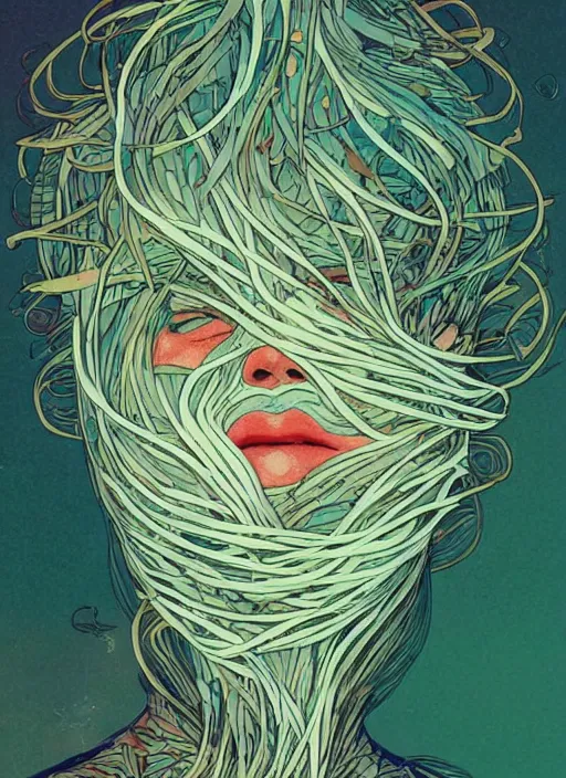 Prompt: beautiful illustration of a face made of ribbons of seaweed, in the style victo ngai and sam guay and abigail larson and james jean, vibrant moody colors, trending on artstation