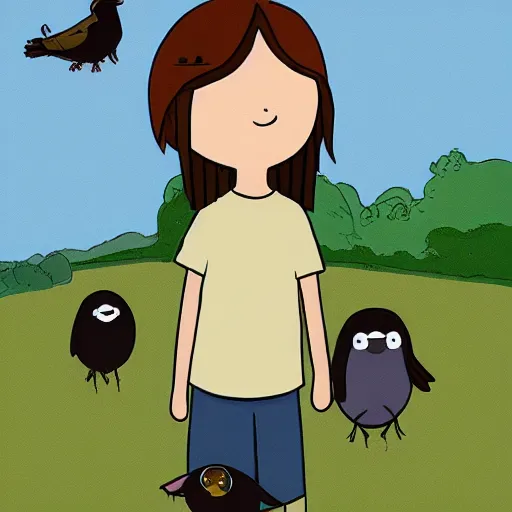 Image similar to a small boy with dark hair, wearing farm clothes, he has a small crow on his shoulder, artstation, inspired by adventure time,