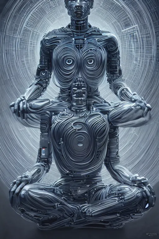 Prompt: Meditating cyborg with many cybernetic implants and wiring, sitting in a lotus pose, slightly smiling, techno-optimism, utopia, sci-fi, hyperrealist, centered, wide angle shot, shart focus, detailed, intricate, 4k UHD, creative lighting, digital painting by Greg Rutkowski, face by artgerm, digital art, trending on artstation, top post of all time on /r/transhumanism subreddit