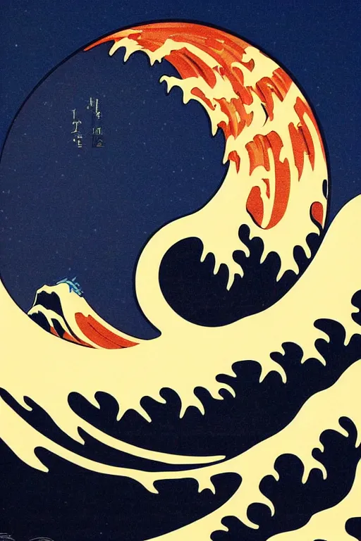 Image similar to Shepard Fairey Poster of The Great Wave off Kanagawa, Moon in the background, fine art photography