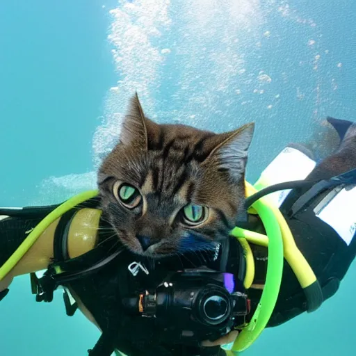 Image similar to high quality photo of a cat scuba diver wearing norkel mask