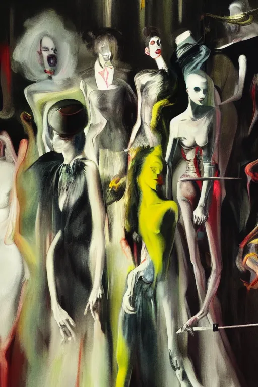 Image similar to crazy fashion catwalk, hauntingly surreal, highly detailed painting by francis bacon, edward hopper, adrian ghenie, gerhard richter, and james jean soft light 4 k,