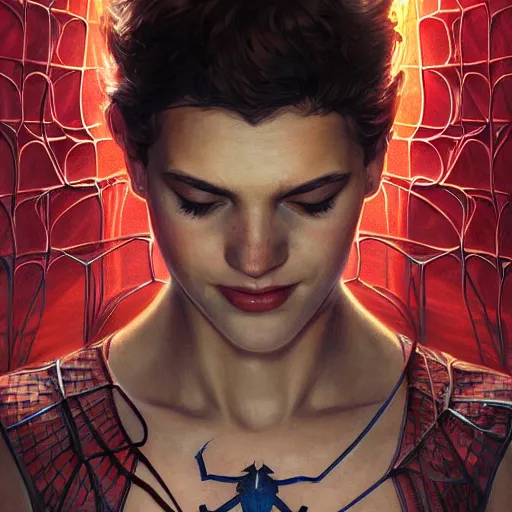 Image similar to Beautiful portrait of spiderman, wide angle, intricate, wild, highly detailed, digital painting, artstation, concept art, smooth, sharp focus, illustration, art by artgerm and greg rutkowski and alphonse mucha - W 768