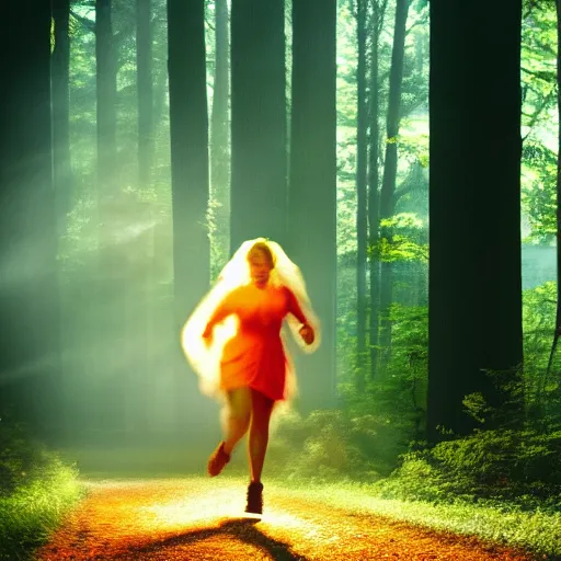 Prompt: a award winning photo of a woman spirit running in a forest, volumetric light effect