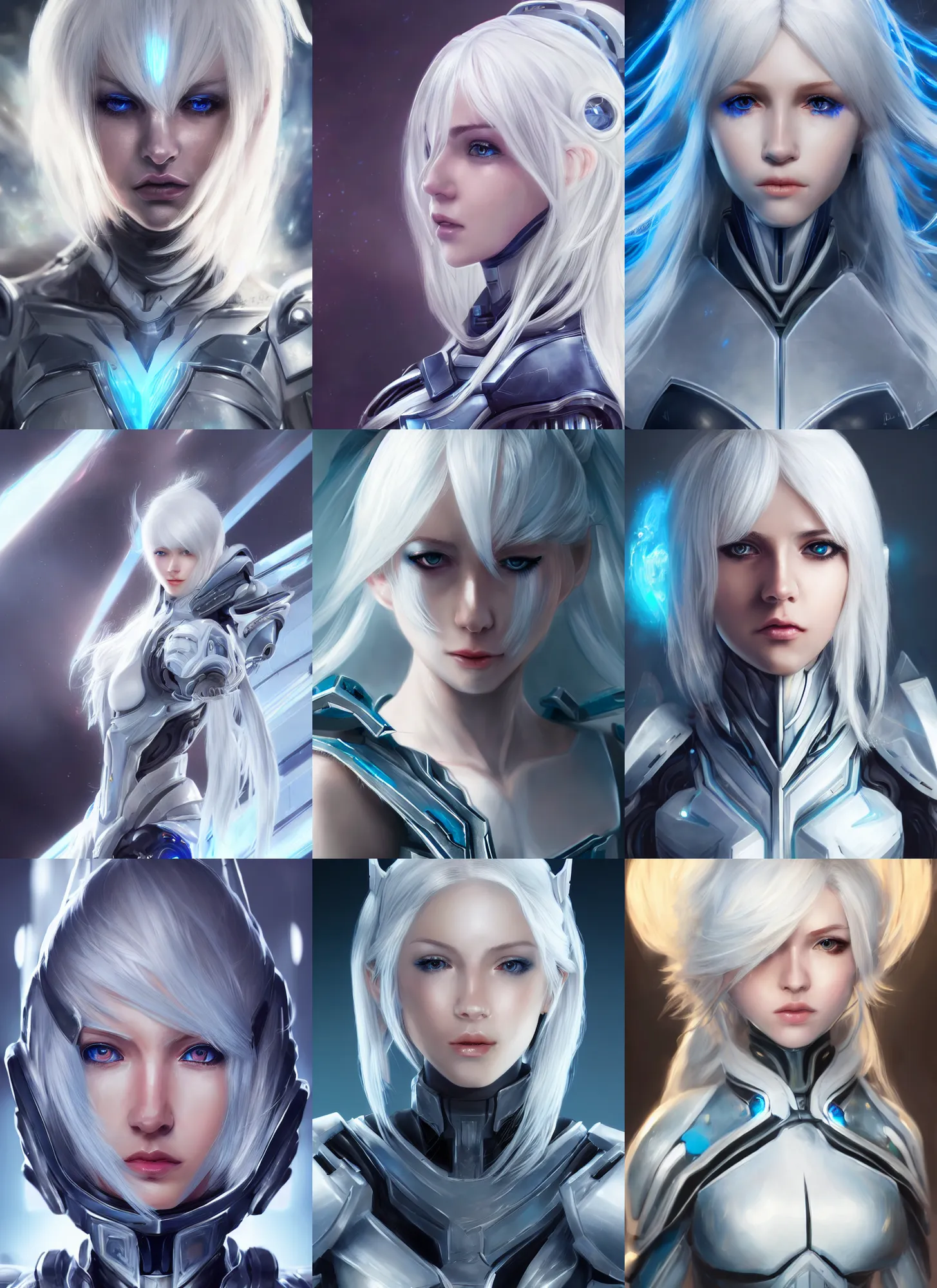 Prompt: detailed portrait of perfect white haired girl, android, warframe armor, beautiful, pretty face, blue cyborg eyes, innocent, scifi, 4 k, sun yunjoo, ultra realistic, aura of light, cinematic lighting, highly detailed, sharp focus, artstation, masterpiece, art by hyungjin yang