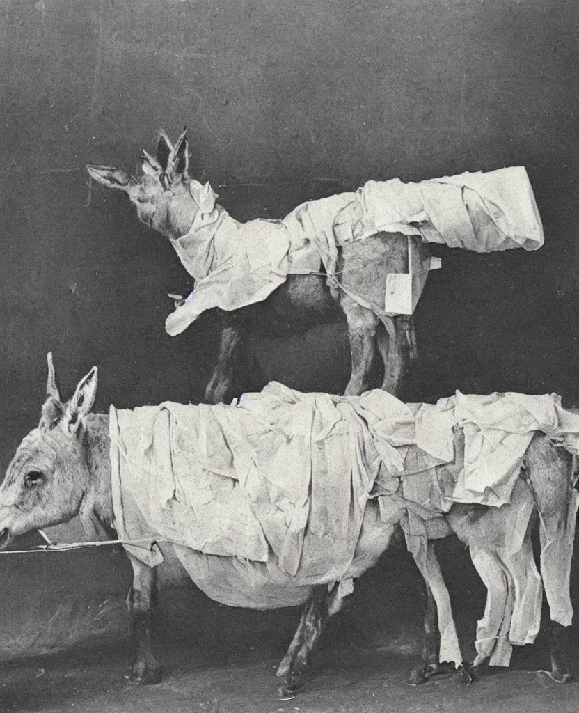 Prompt: an old postcard of a bandaged ill donkey in bed, cute, some spiders are surrounding him