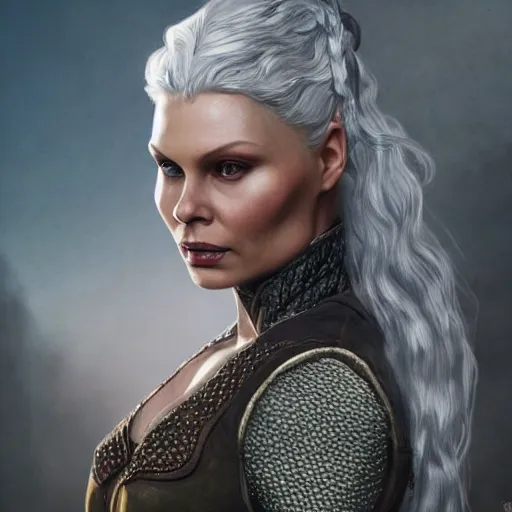 Image similar to myanna buring as tissaia de vries from the witcher show, urban motifs, intricate, elegant, highly detailed, digital painting, trending on artstation, concept art, smooth sharp focus, illustration, art by artgerm and greg rutkowski