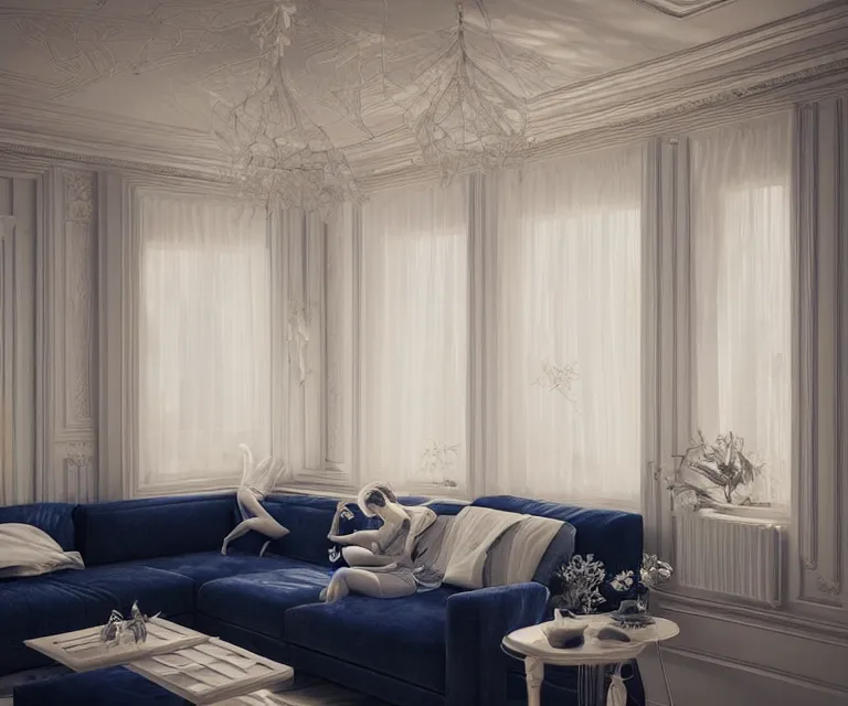 Prompt: 2 0 2 0 s living room by charlie bowater and anna dittmann and artgerm and clemens ascher, intricate, elegant, beige and white and navy blue, highly detailed, dramatic lighting, sharp focus, octane render, trending on artstation, artstationhd, artstationhq, unreal engine, 4 k, 8 k