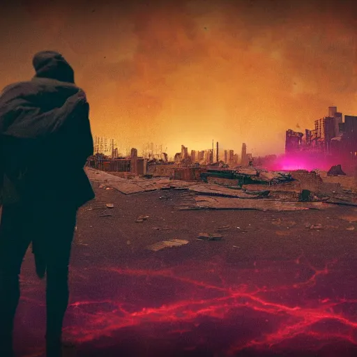 Prompt: a person watching the end of the world, red-purple gradient map, dystopian city, debris, dramatic photograph