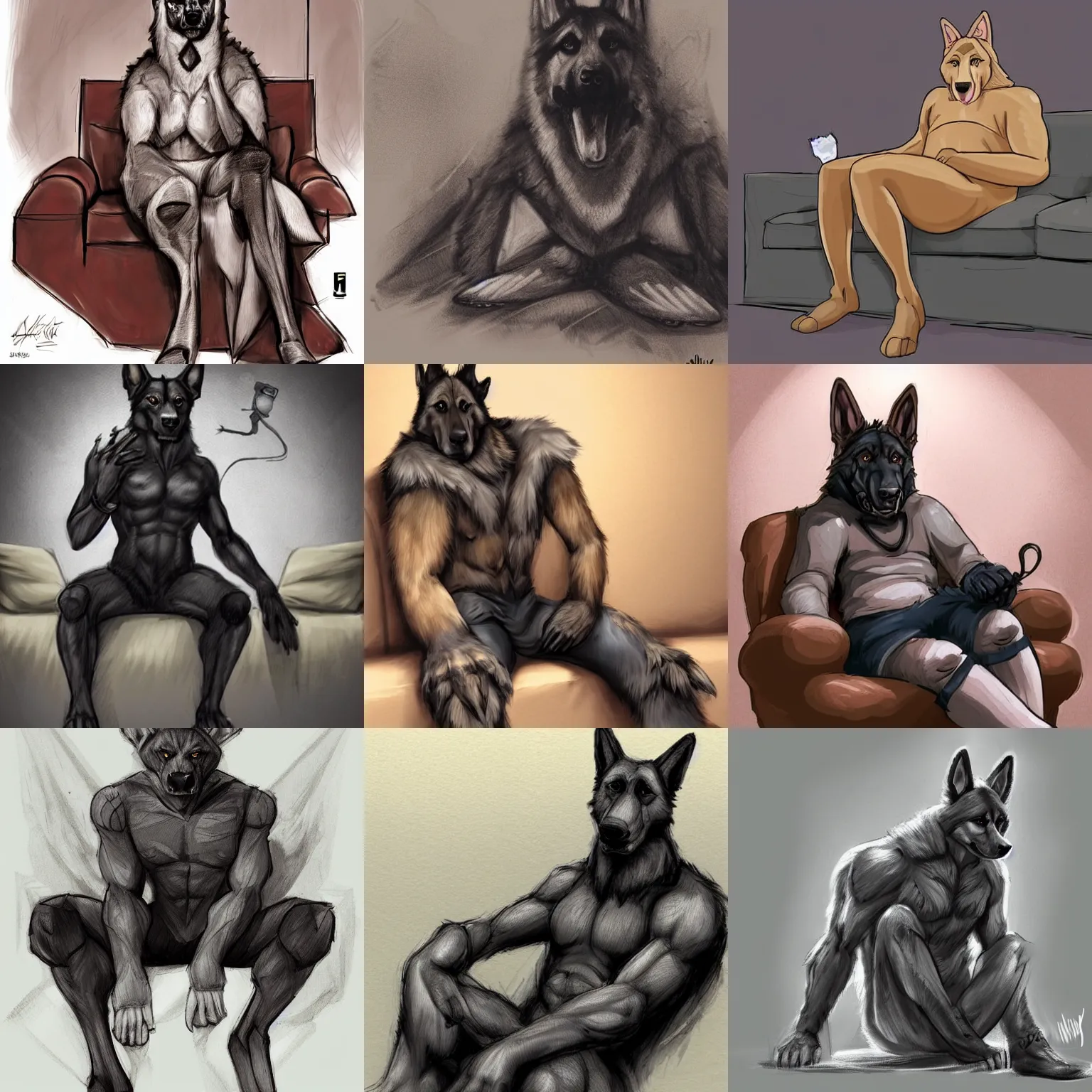 Prompt: a humanoid german shepherd beast - man, sitting on a couch and puts on socks, concept art, smooth, sharp focus illustration, trending on furaffinity