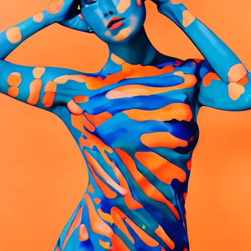 Prompt: beautiful model girl body art fabric skin turns into dress with colouful plastic bad folds heavy brushstrokes style of jonathan zawada, thisset colours simple background gradient objective light orange and blue amber colours