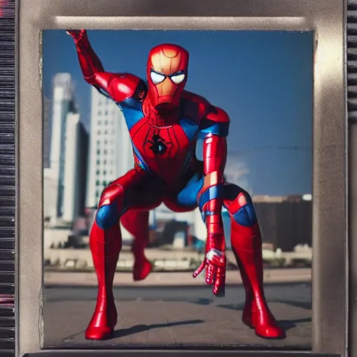 Image similar to a single iron man and spider - man hybrid, dslr, polaroid