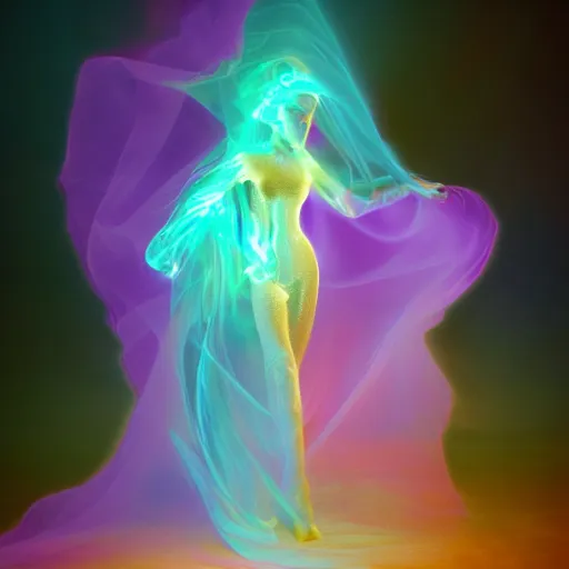 Prompt: Ghostly figures, moving dimensionally through a grand room flanked bursting flames inside a room cloaked in silky gold, green and pink. Golden ratio, soft light, subtle movement, photograph, Trending on artstation H 768