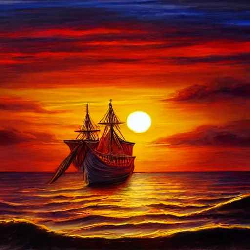 Image similar to medieval ship on the sea, sunset, painting style