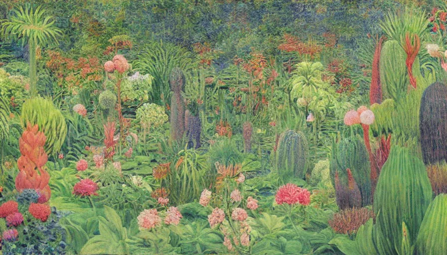 Image similar to a painting by monet, bosch, wayne barlowe, agnes pelton, rene magritte of a botanical garden full of tropical plants, huge plants, succulents, very colourful, vivid colourful plants, lush garden