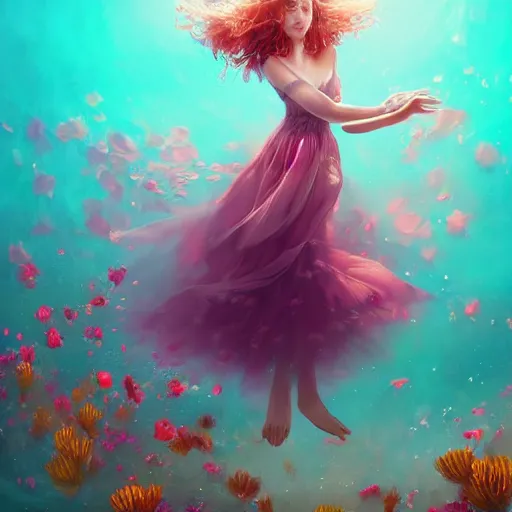Prompt: Ginger woman in a swirling sundress of flowers, underwater, floral explosion, radiant light, vortex of plum petals, by WLOP and artgerm, artstation, deviantart, pixiv