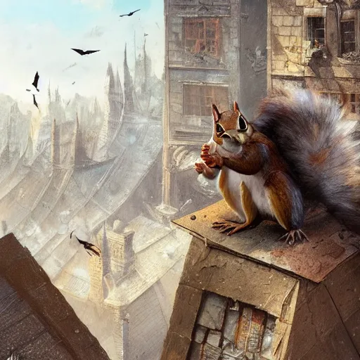 Prompt: Anthropomorphic Squirrel wearing a Cloak sitting otop a roof in a decimated city, concept art,like a action book cover,by rossdraws and greg rutkowski,Leonardo DaVinci