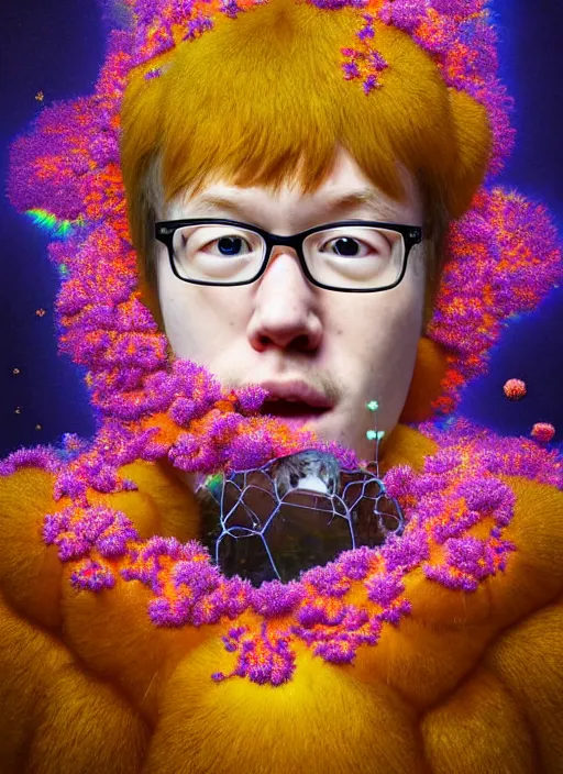 Prompt: hyper detailed 3d render like a Oil painting - kawaii portrait of Hank Green in Aurora (Singer) seen Eating of the Strangling network of yellowcake aerochrome and milky Fruit and Her delicate Hands hold of gossamer polyp blossoms bring iridescent fungal flowers whose spores black the foolish stars by Jacek Yerka, Mariusz Lewandowski, Houdini algorithmic generative render, Abstract brush strokes, Masterpiece, Edward Hopper and James Gilleard, Zdzislaw Beksinski, Mark Ryden, Wolfgang Lettl, hints of Yayoi Kasuma, octane render, 8k