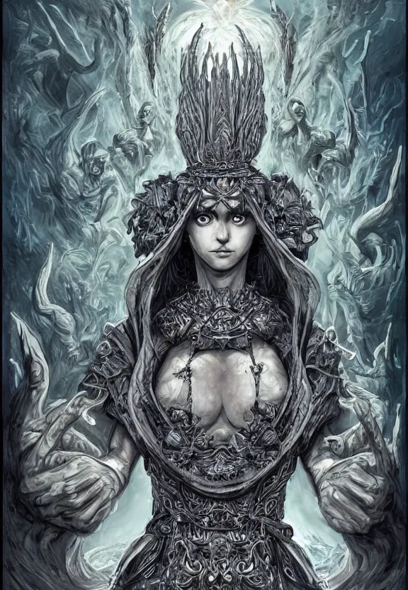 Image similar to mad priestess of forbidden knowledge concept art, symmetrical, rule of three, detailed body, full body, detailed face, ultradetailed digital illustration, 8 k, epic atmosphere, digital art by simon cowell and kentaro miura