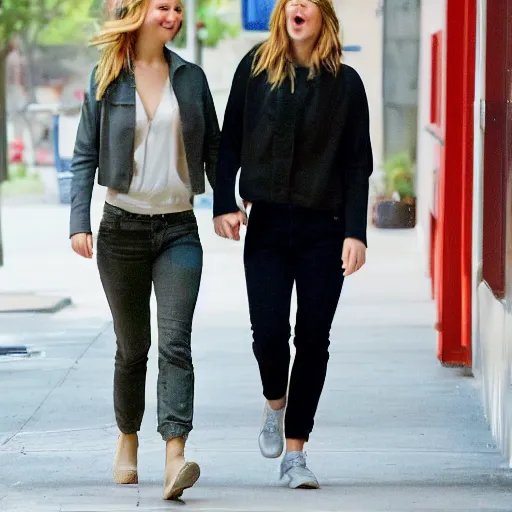 Image similar to Jennifer Lawrence and Jennifer Lawrence walking down the street, holding hands, smiling, soft focus, medium shot,