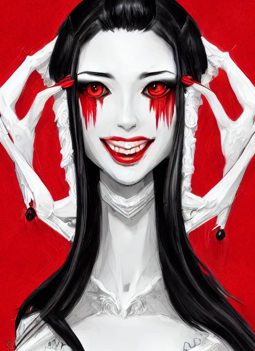 Prompt: a highly detailed illustration of beautiful long hime cut black hair white woman wearing a red dress, red eyes, dramatic smile pose, intricate, elegant, highly detailed, centered, digital painting, artstation, concept art, smooth, sharp focus, league of legends concept art, WLOP