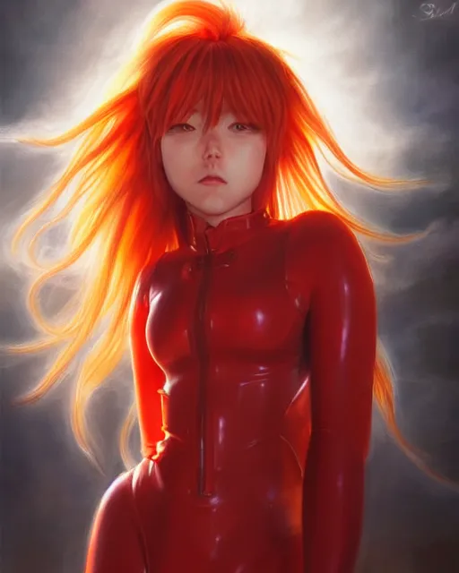 Image similar to asuka langley soryu wearing plugsuit, award winning photograph, radiant flares, realism, lens flare, intricate, various refining methods, micro macro autofocus, evil realm magic painting vibes, hyperrealistic painting by michael komarck - stephen gemmell