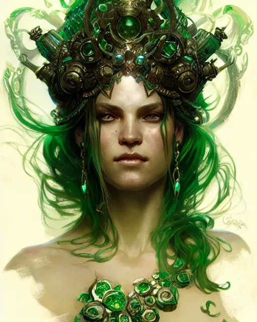 Prompt: emerald enchantress, fantasy character portrait, ultra realistic, concept art, intricate details, highly detailed by greg rutkowski, gaston bussiere, craig mullins, simon bisley, alphonso mucha