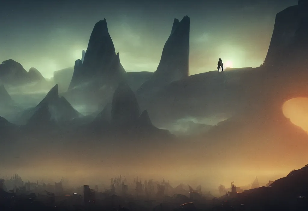 Image similar to a dramatic epic ethereal stunning beautiful and insanely detailed matte painting of a Blade Runner movie still, a small silhouette contemplates the landscape, atmospheric and vaporwave composition, digital art by Kilian Eng and Jean Giraud, winning-award masterpiece, fantastic, octane render, 8K HD Resolution, High quality image