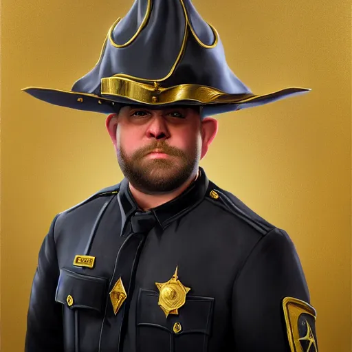 Image similar to a shifty fat high fantasy elf mall cop with a sheriff's badge, Oil Painting, hyperrealistic, octane render, Detailed Digital Art, RPG portrait, 3/4 bust, William-Adolphe Bouguereau, Michael Cheval, dynamic lighting, Highly Detailed, Cinematic Lighting, 8k, HD