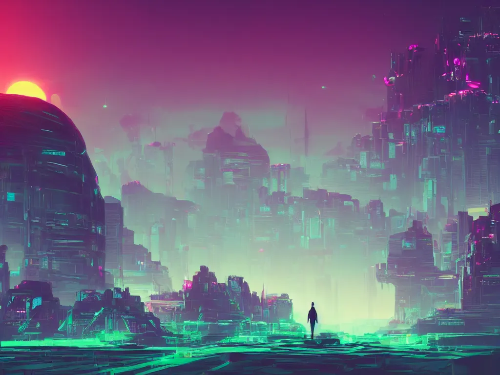 Image similar to a lone traveler walking on a synthwave landscape toward a cyberpunk mythological castle in the distance, space, cyberspace, wide angle, cinematic, holographic, virtual, concept art, Blue and Green color scheme, trending on artstation