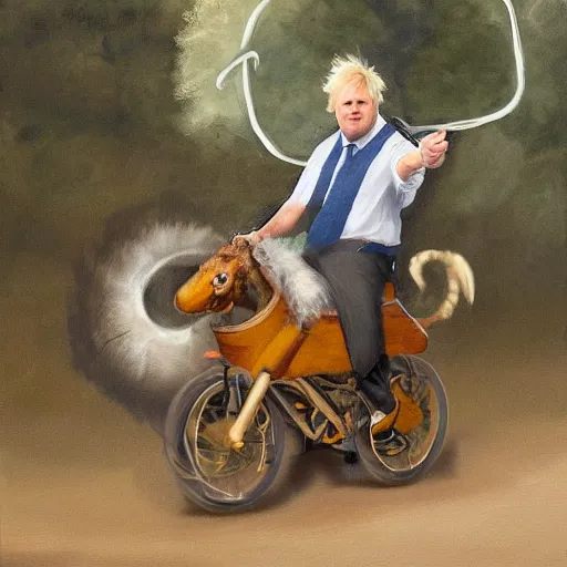 Image similar to boris johnson riding a veloceraptor, painting