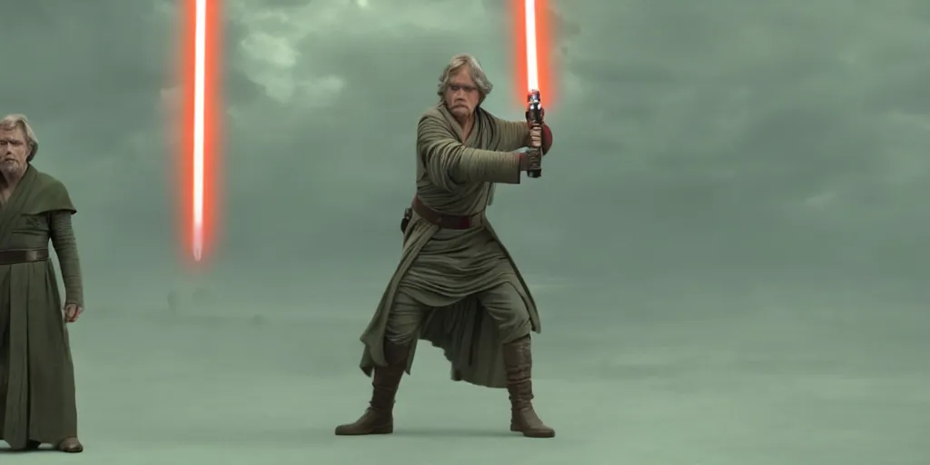 Image similar to Star Wars The Last Jedi, Luke Skywalker, jedi robes, green lightsaber stands alone, heroic pose, solo, full body, ultra realistic, 4K, movie still, UHD, sharp, detailed, cinematic, render, modern