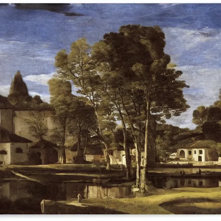Image similar to a building in a serene landscape, by diego velazquez