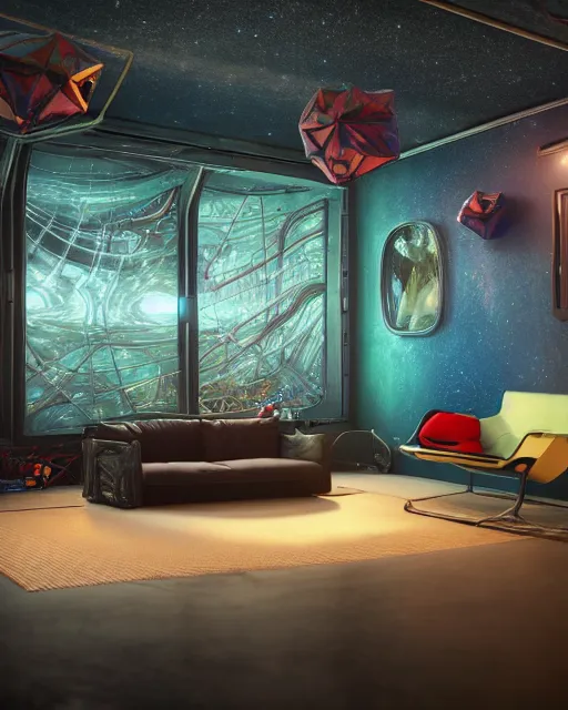 Prompt: artstation scifi scene of a safe room as ikea ad, lounge furniture, carpeted floor, sky mural on the room ceiling, holographic nature art walls, large terrarium, paneled walls, unreal engine 5, hyper realism, realistic shading, cinematic composition, blender render, octane render, hdr, detailed textures, photorealistic, wide shot
