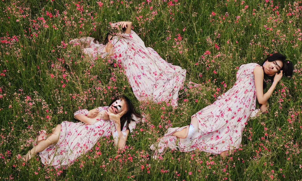 Image similar to a beautiful young Asian woman lying in a field of wildflowers, wearing a sun dress, portrait, dreamy